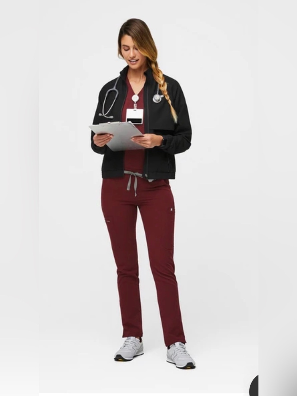 Figs Set , Yola Slim Straight Leg Pant and Catarina One Pocket Top Burgundy , XS